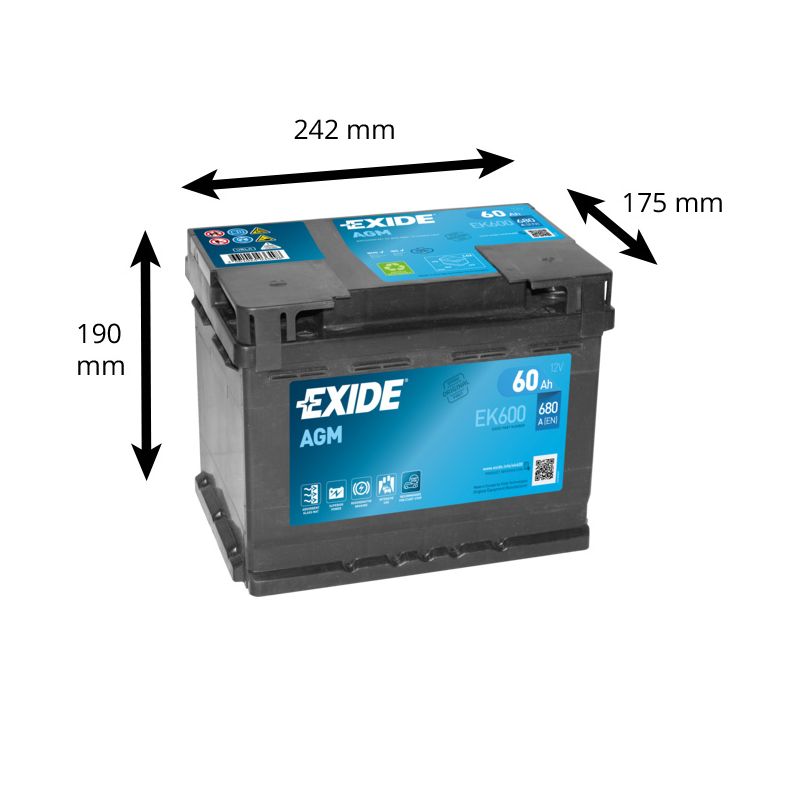 BATTERIE EXIDE START STOP AGM EK600 12V 60AH 680A - Batteries Auto,  Voitures, 4x4, Véhicules Start & Stop Auto - BatterySet